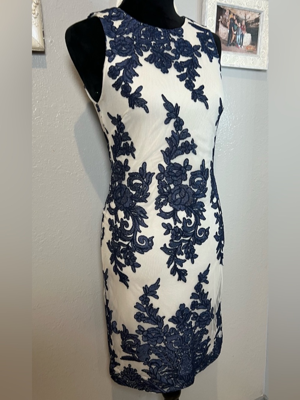 ANTONIO MELANI White Midi Dress with Navy Floral Appliqué